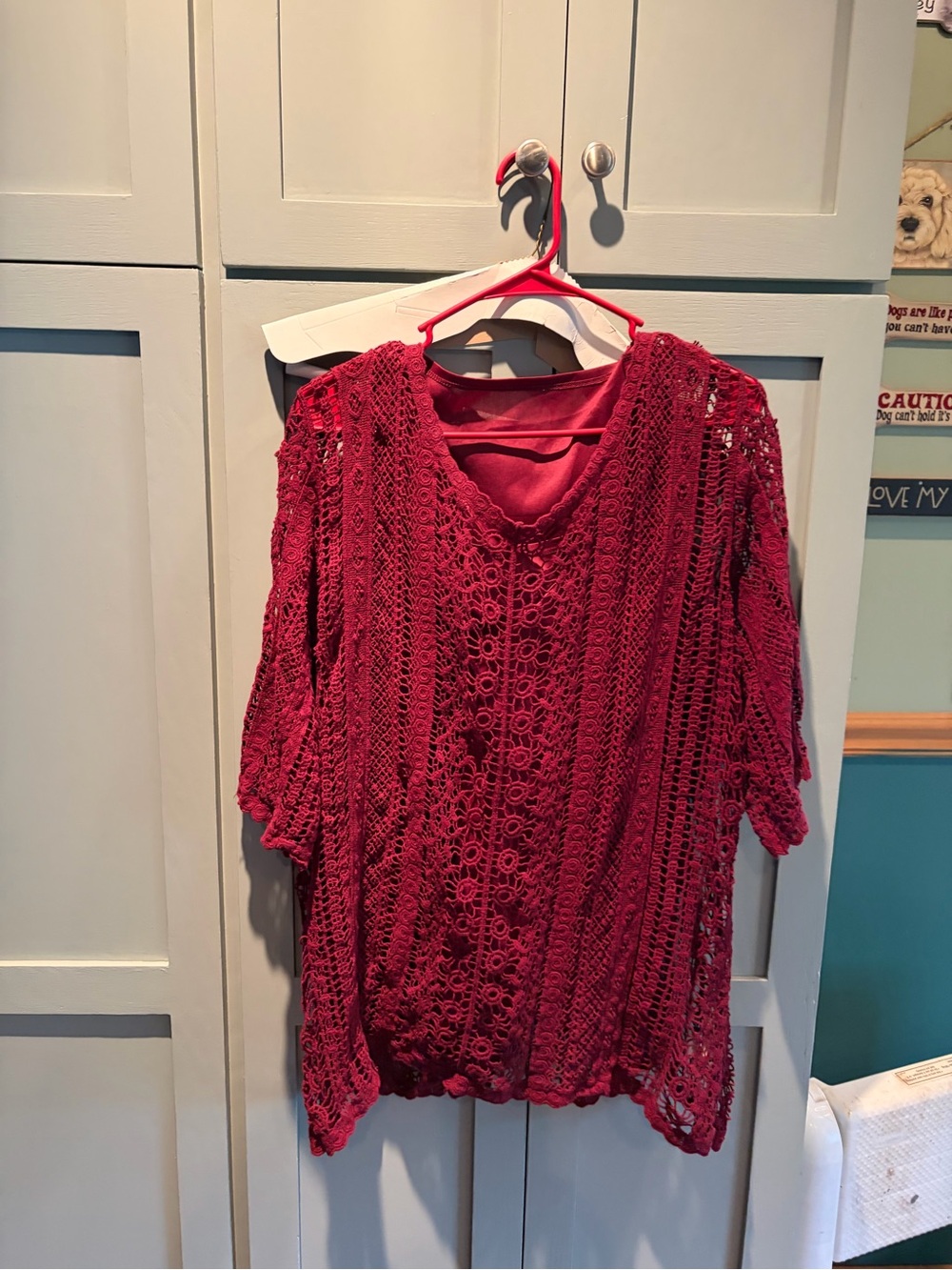 CJ Banks Crochet Overlay Tunic - burgundy